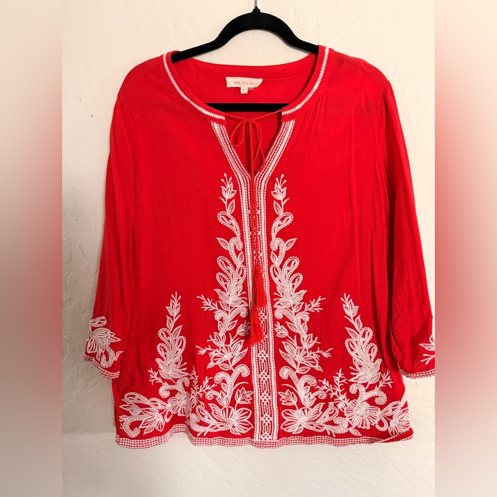 Solitaire Scarlet Blouse with White Embroidery